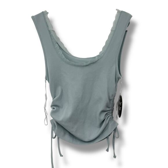 NEW Baby Blue Ribbed Tank Top Size Small Ruched Tie Side Seamless Crop Macy's - Picture 3 of 5